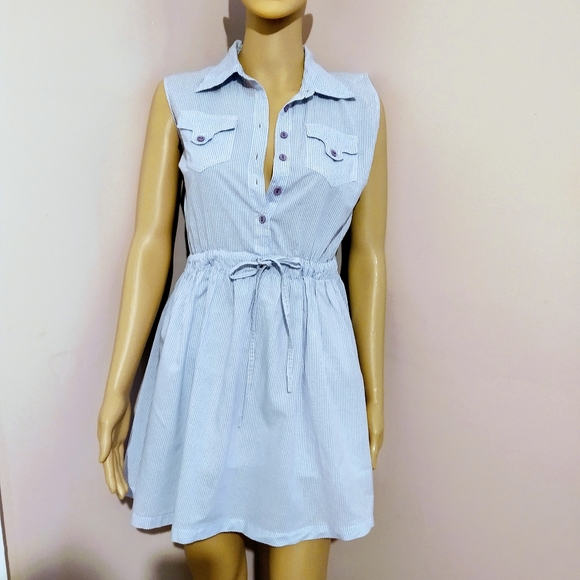 Blue & white pinstripe sleeveless button up dress - Picture 1 of 1